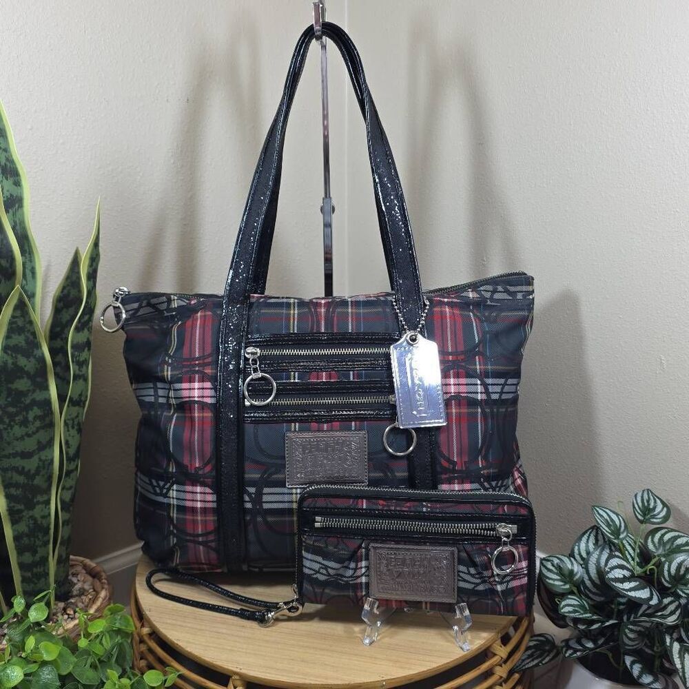 Coach Poppy Signature Tartan Plaid Glam Tote and Wallet